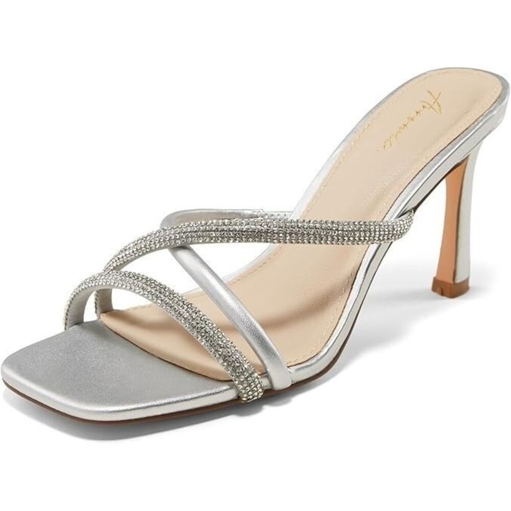 Silver Stiletto Heel Size 8 Rhinestone Strappy Slip On Open Toe